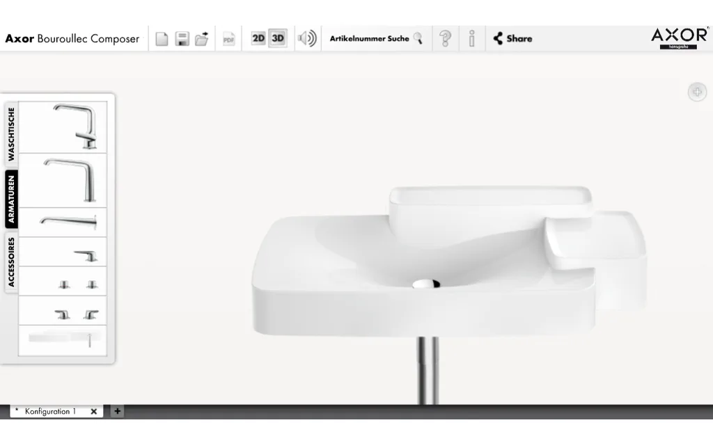 AXOR Bouroullec Composer: Waschtisch in der räumlichen Ansicht mit Produktleiste für Armaturen und Accessoires
