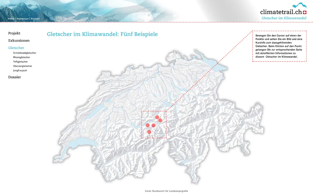 climatetrail.ch: Schweizer Karte «Gletscher im Klimawandel: Fünf Beispiele» mit eingeblendetem Triftgletscher